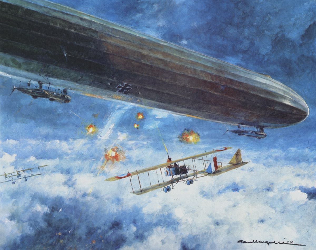 l’attaque du Zeppelin par Louis Vallin, la nuit du 29 au 30 janvier 1916. Tel David contre Goliath, le bombardier mitrailleur Vallin s’attaque au dirigeable armé de sa seule carabine.