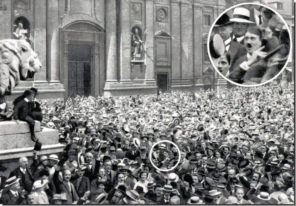 A young Hitler cheers the start of World War One, 1914
